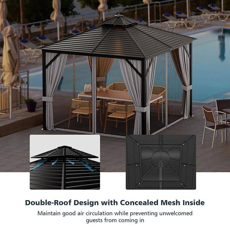 All-Season 10x10 Ft Hardtop Double-Roof Gazebo with Steel Top – Perfect for Outdoor Leisure Patio, Lawn & Garden Tents & Hardtops Color : Black 
