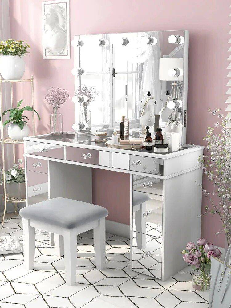 Chic Modern Makeup Vanity Table with LED Mirror and Chair Set Furniture Storage Size : 120x46x77 cm 
