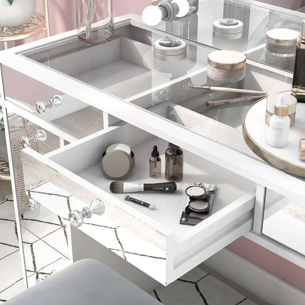 Chic Modern Makeup Vanity Table with LED Mirror and Chair Set Furniture Storage Size : 120x46x77 cm Chic Modern Makeup Vanity Table with LED Mirror and Chair Set Furniture Storage Size : 120x46x77 cm