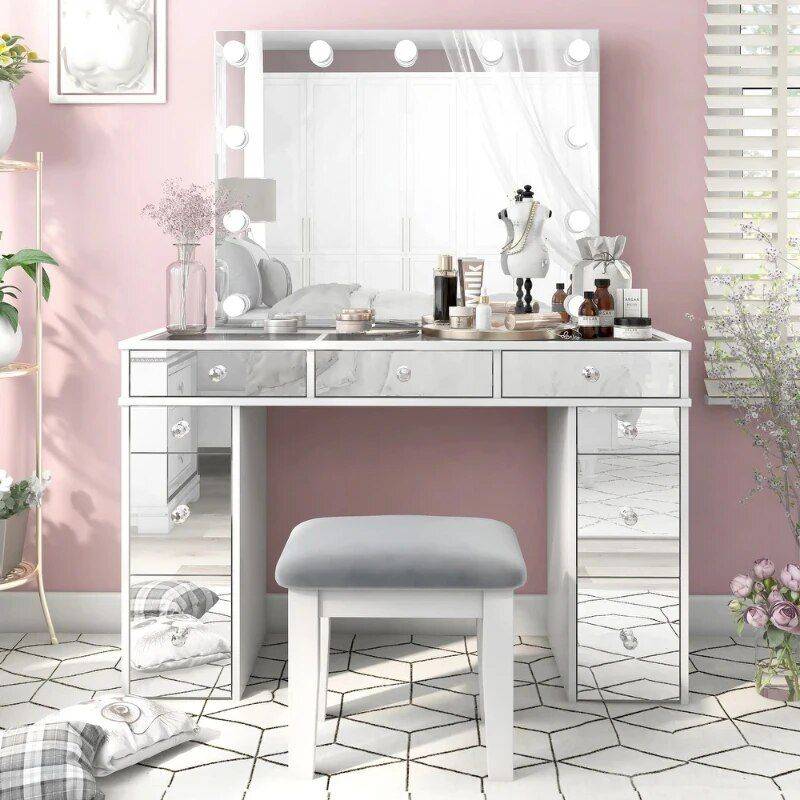 Chic Modern Makeup Vanity Table with LED Mirror and Chair Set Furniture Storage Size : 120x46x77 cm 
