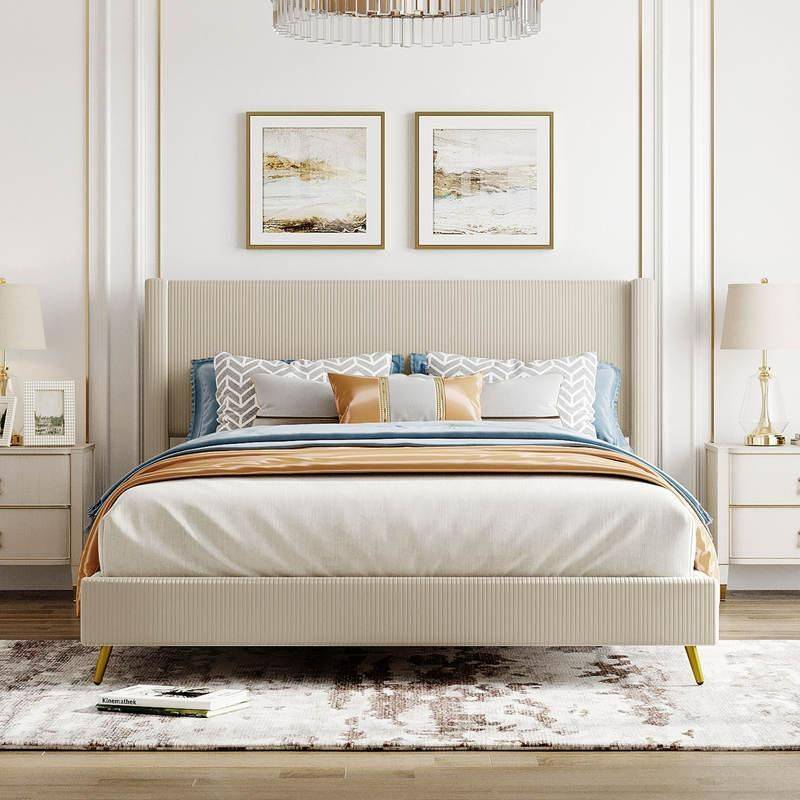 Chic Queen Size Corduroy Platform Bed with Sturdy Metal Legs Beds Furniture Color : Gray|Blue|Pink|Beige 