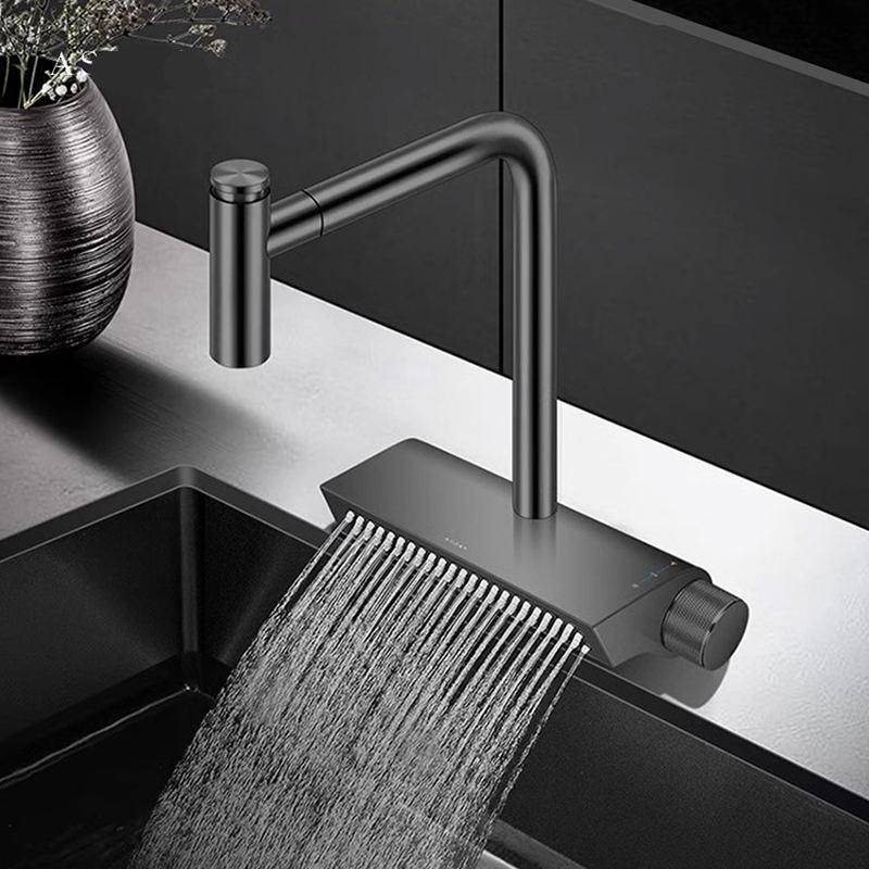 Contemporary Black Brass Waterfall Kitchen Faucet with Pull-Out Sprayer Bathroom Shower Systems & Faucets Color : Black 