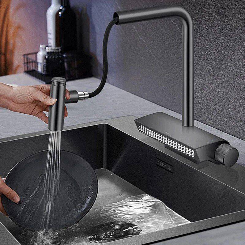 Contemporary Black Brass Waterfall Kitchen Faucet with Pull-Out Sprayer Bathroom Shower Systems & Faucets Color : Black 