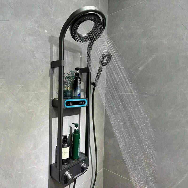 Digital Display Rotatable Pressurized Shower Head Rain Shower Bathroom Shower Systems & Faucets Color : Black Hot&Cold|Black Constant Temperature|Grey Hot&Cold|Grey Constant Temperature|White Hot&Cold|White Constant Temperature 