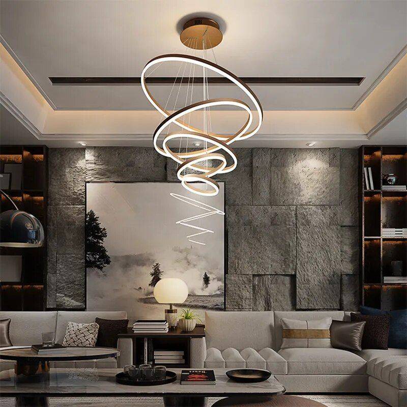 Dimmable Nordic LED Chandelier - Modern 6-Ring Pendant Light for Home & Commercial Spaces Ceiling Lights Lighting Lampshade Color : Brown|Black|Golden 