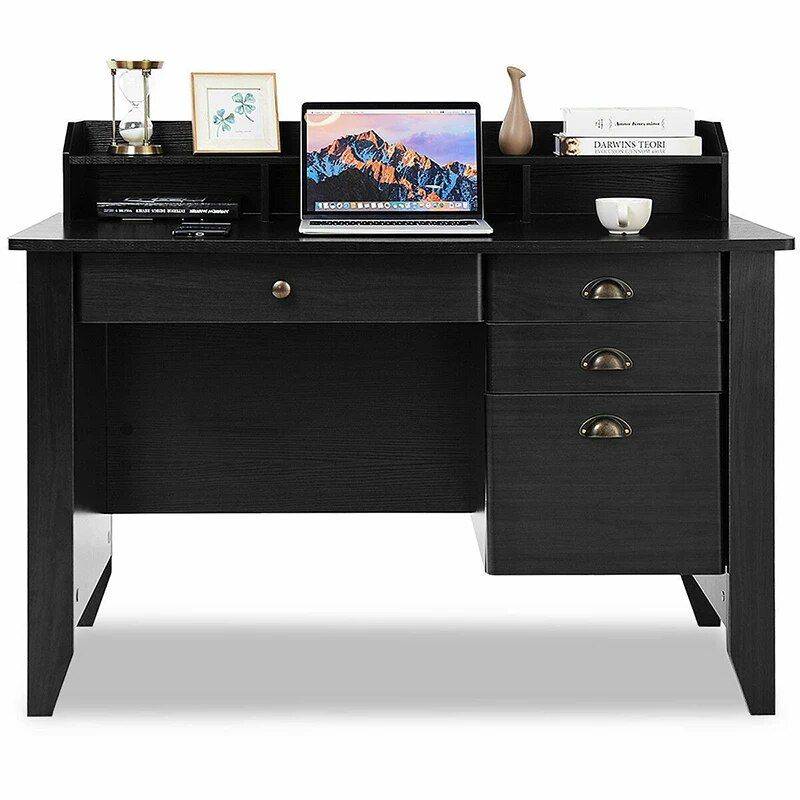 Elegant 4-Color Vintage Study and Office Desk with Storage Shelves and Drawers Furniture Office Furniture Color : Black|Dark Brown|White|Brown Elegant 4-Color Vintage Study and Office Desk with Storage Shelves and Drawers Furniture Office Furniture Color : Black|Dark Brown|White|Brown