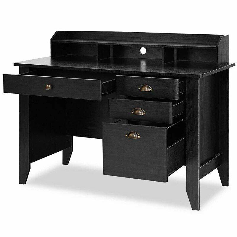 Elegant 4-Color Vintage Study and Office Desk with Storage Shelves and Drawers Furniture Office Furniture Color : Black|Dark Brown|White|Brown Elegant 4-Color Vintage Study and Office Desk with Storage Shelves and Drawers Furniture Office Furniture Color : Black|Dark Brown|White|Brown