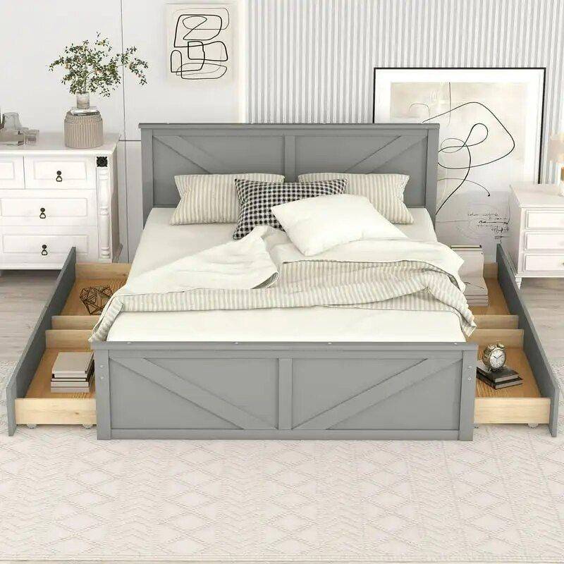 Elegant Queen Platform Bed with Storage Drawers – Gray Pine Wood Frame Beds Furniture Color : Gray Elegant Queen Platform Bed with Storage Drawers - Gray Pine Wood Frame Beds Furniture Color : Gray