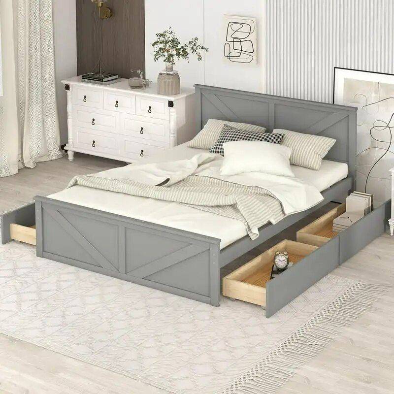 Elegant Queen Platform Bed with Storage Drawers – Gray Pine Wood Frame Beds Furniture Color: Gray Size: King|Queen Elegant Queen Platform Bed with Storage Drawers - Gray Pine Wood Frame Beds Furniture Color: Gray Size: King|Queen