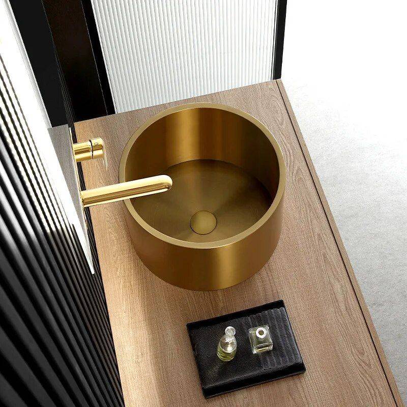 Gold Stainless Steel Round Countertop Basin with Drainer Bathroom Sinks Color : Gold 