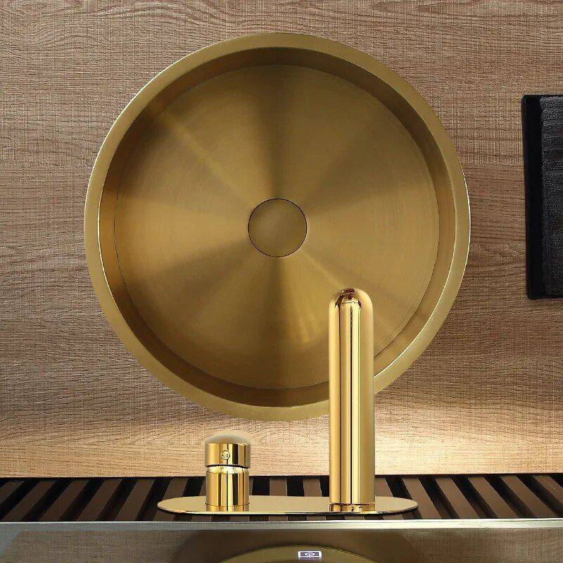 Gold Stainless Steel Round Countertop Basin with Drainer Bathroom Sinks Color : Gold 