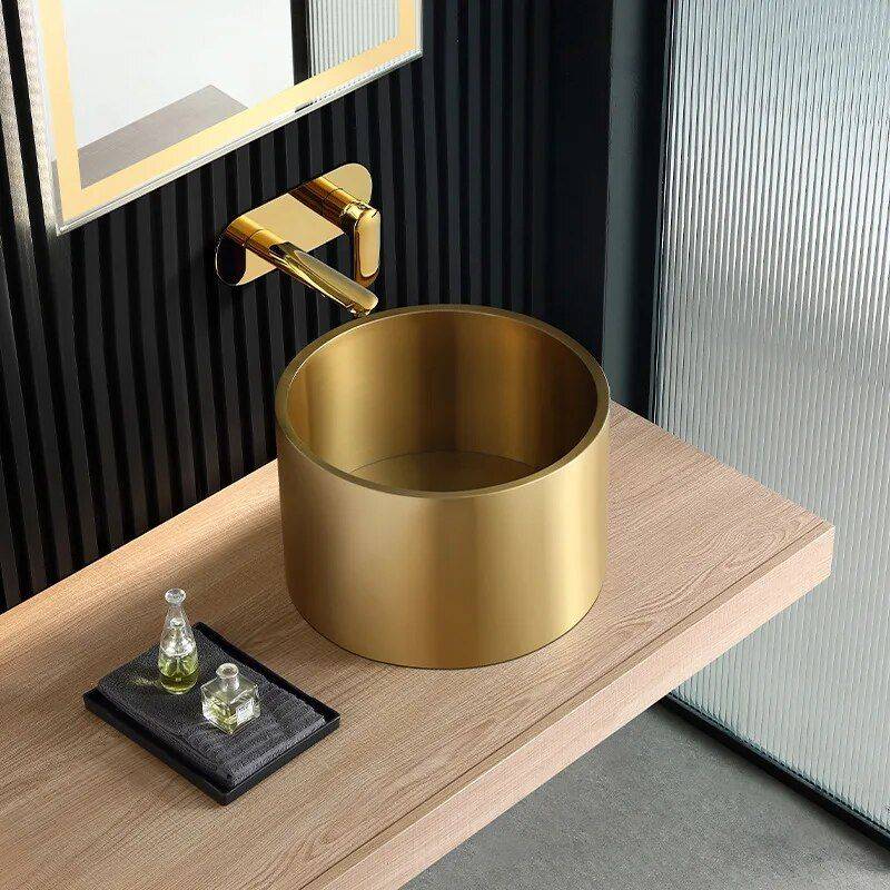 Gold Stainless Steel Round Countertop Basin with Drainer Bathroom Sinks Color : Gold 