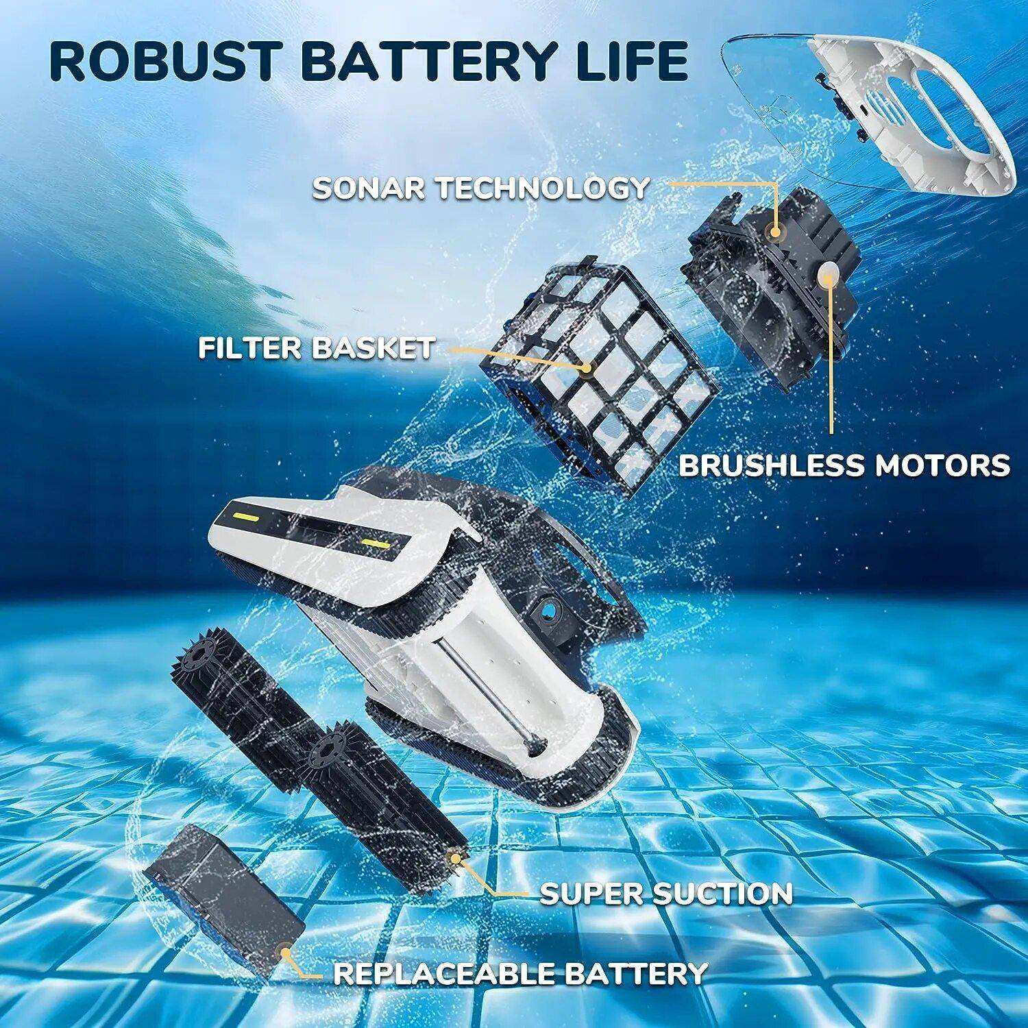 Intelligent Robotic Pool Vacuum Cordless, Long-lasting, with Sonar Path Planning Advanced Technologies Robots Color : White Intelligent Robotic Pool Vacuum Cordless, Long-lasting, with Sonar Path Planning Advanced Technologies Robots Color : White