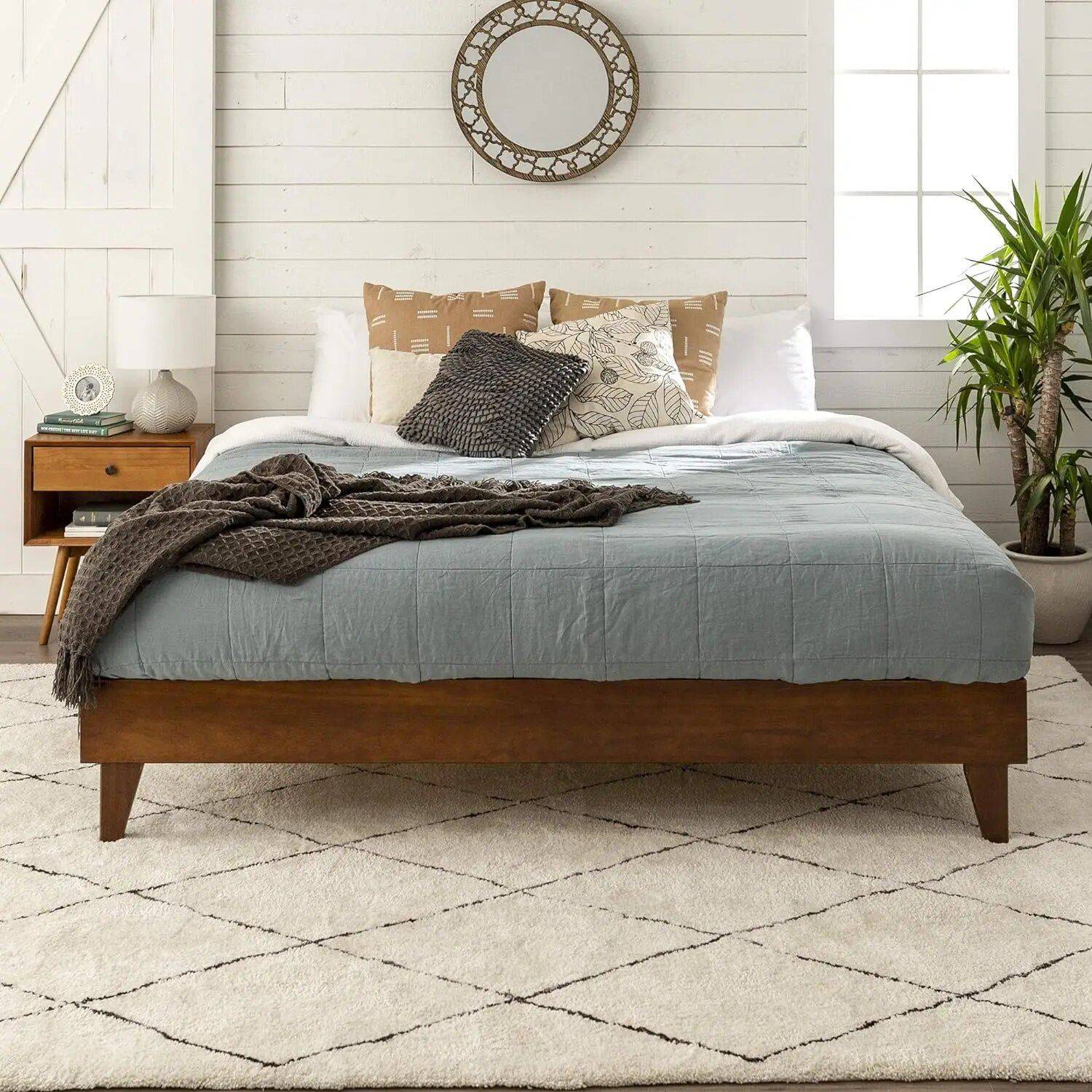 King-Size Mid Century Modern Wooden Platform Bed Frame with Headboard – Walnut Finish Beds Furniture King-Size Mid Century Modern Wooden Platform Bed Frame with Headboard - Walnut Finish Beds Furniture