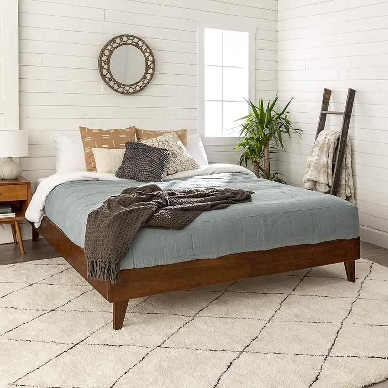 King-Size Mid Century Modern Wooden Platform Bed Frame with Headboard – Walnut Finish Beds Furniture King-Size Mid Century Modern Wooden Platform Bed Frame with Headboard - Walnut Finish Beds Furniture