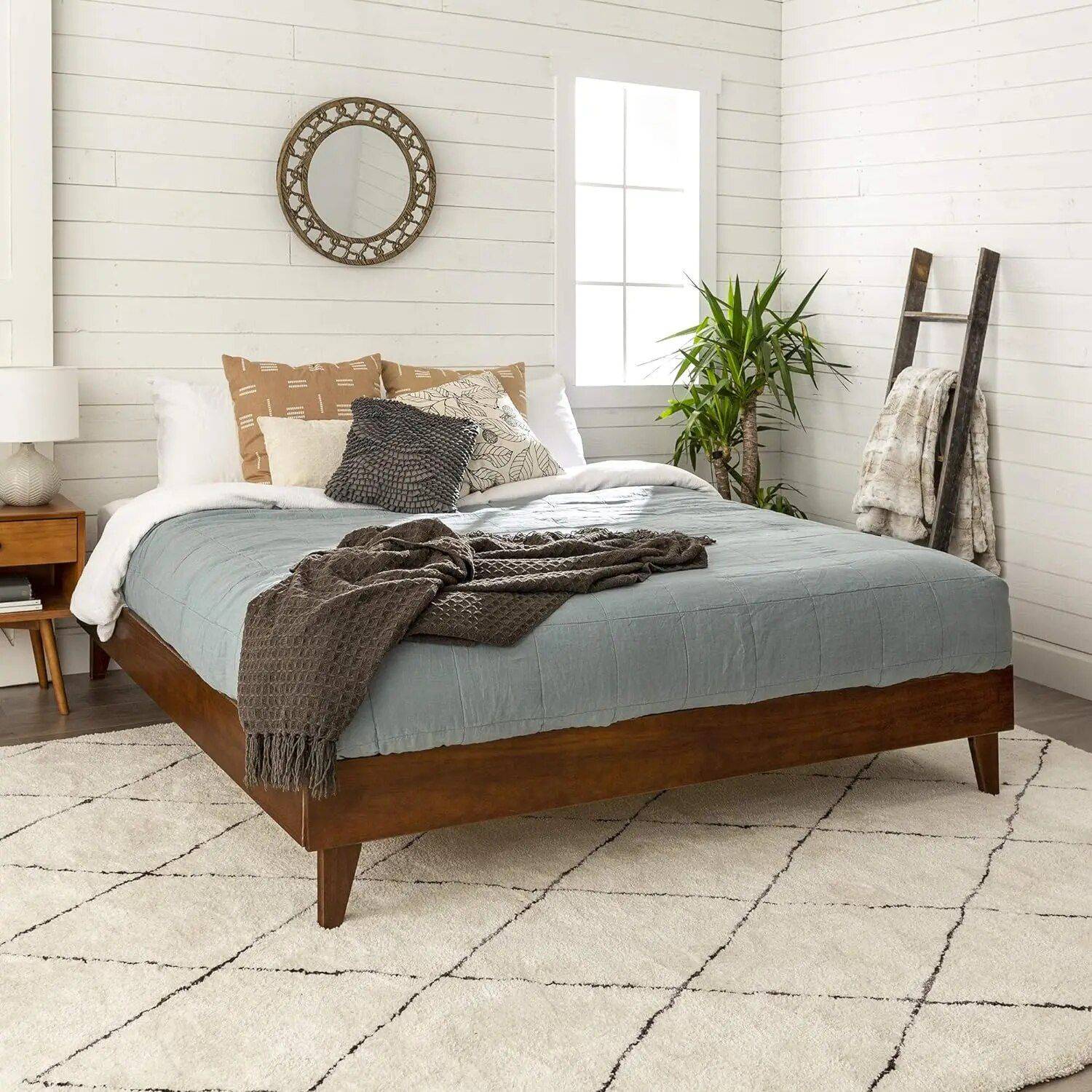 King-Size Mid Century Modern Wooden Platform Bed Frame with Headboard – Walnut Finish Beds Furniture King-Size Mid Century Modern Wooden Platform Bed Frame with Headboard - Walnut Finish Beds Furniture