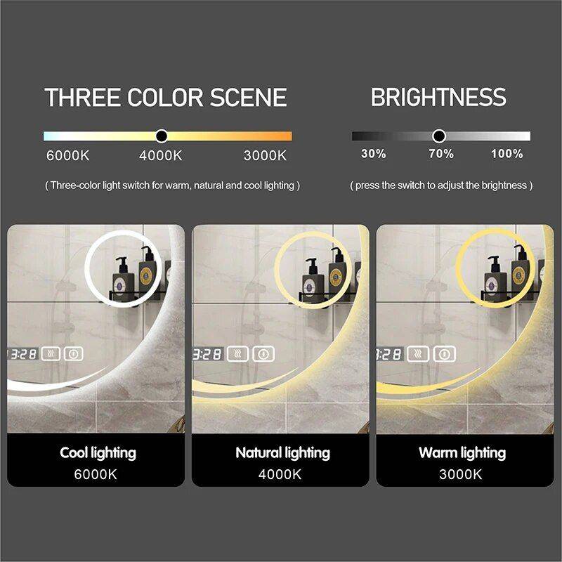 LED-Lit Round Frameless Smart Bathroom Mirror – Anti-Fog, 3-Color Lighting, Wall Mounted Bathroom Mirrors Size : 80x80cm LED-Lit Round Frameless Smart Bathroom Mirror - Anti-Fog, 3-Color Lighting, Wall Mounted Bathroom Mirrors Size : 80x80cm