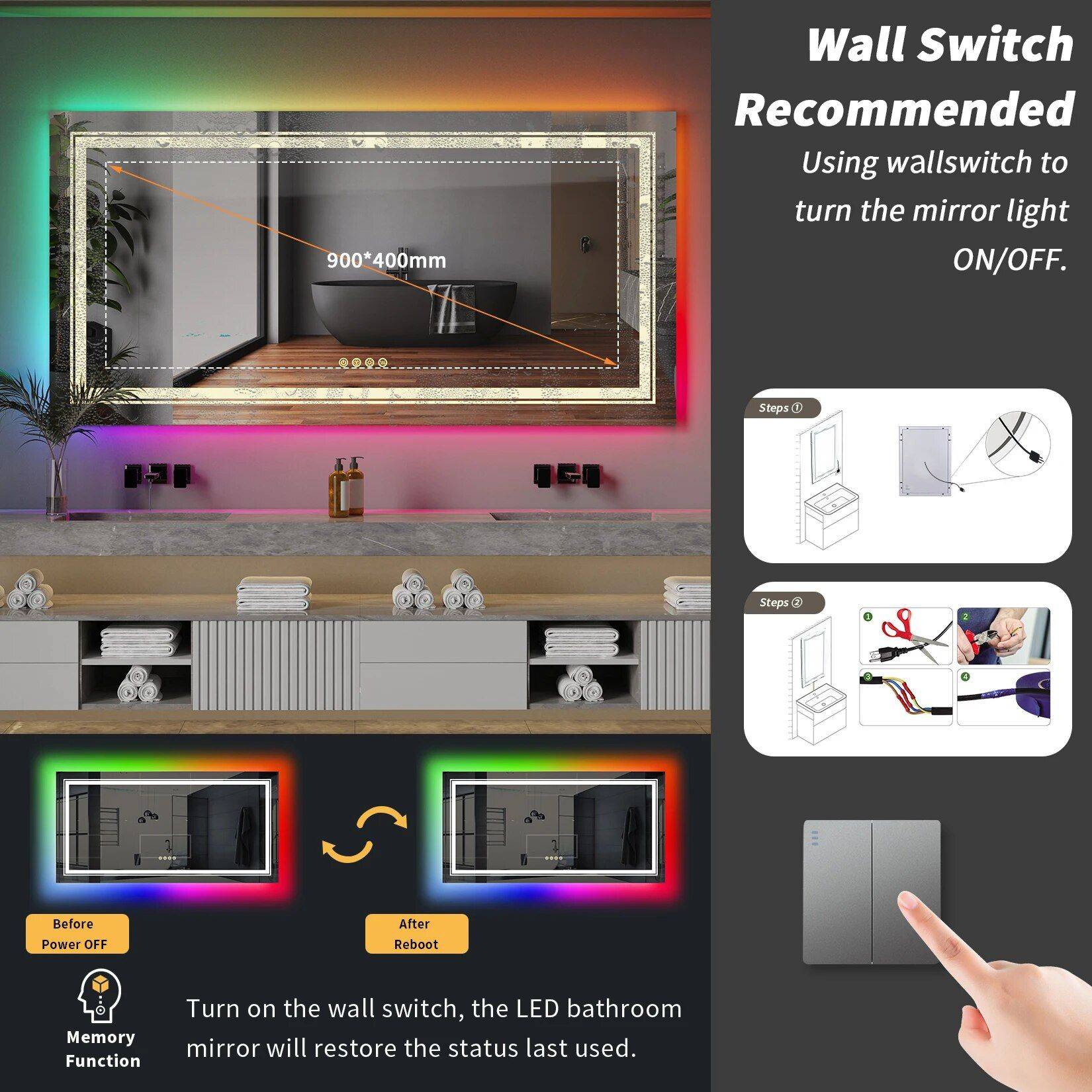 Lux-Illuminate RGB LED Bathroom Mirror | Anti-Fog, Dimmable, CRI 90 Vanity Wall Mirror Bathroom Mirrors Size : 48×32 inch|55×28 inch Lux-Illuminate RGB LED Bathroom Mirror | Anti-Fog, Dimmable, CRI 90 Vanity Wall Mirror Bathroom Mirrors Size : 48x32 inch|55x28 inch
