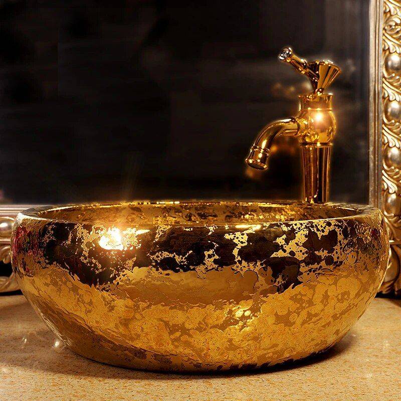 Luxurious Gold Ceramic Vessel Sink – Round Porcelain Bathroom Basin Bathroom Sinks Color : Gold Luxurious Gold Ceramic Vessel Sink - Round Porcelain Bathroom Basin Bathroom Sinks Color : Gold
