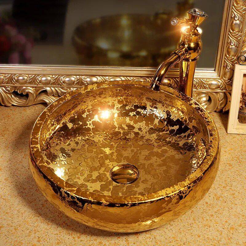 Luxurious Gold Ceramic Vessel Sink – Round Porcelain Bathroom Basin Bathroom Sinks Color : Gold Luxurious Gold Ceramic Vessel Sink - Round Porcelain Bathroom Basin Bathroom Sinks Color : Gold