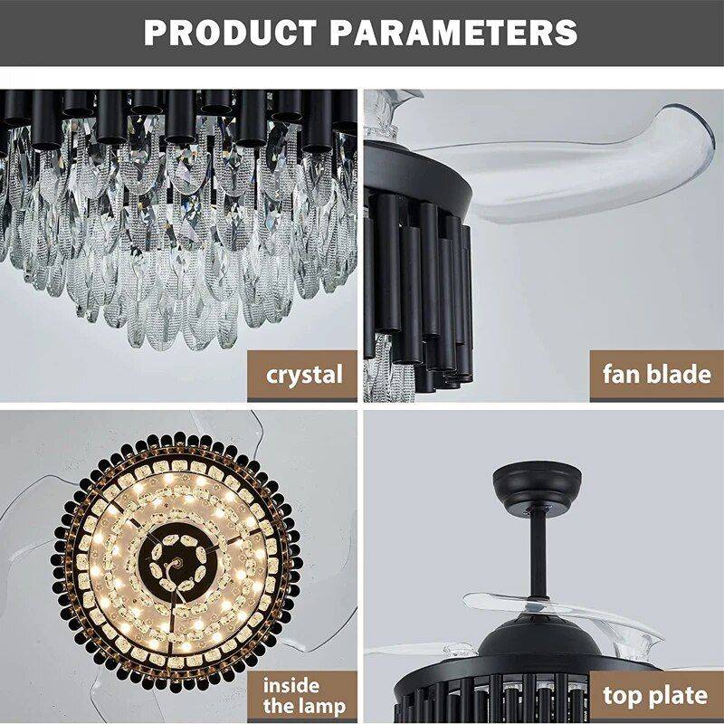 Luxury 42″ Crystal Ceiling Fan with Dimmable LED Light & Invisible Blades Ceiling Lights Lighting Color : Black|Silver|Gold Luxury 42