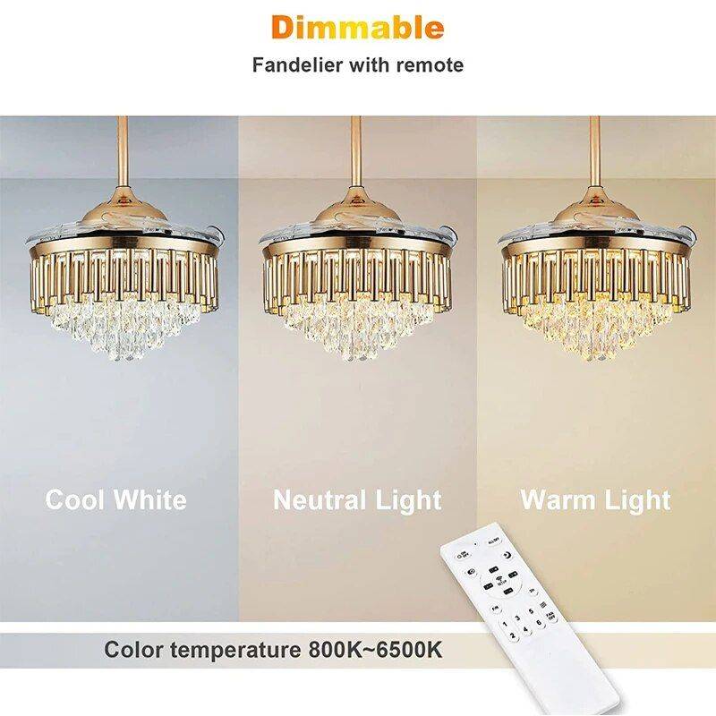 Luxury 42″ Crystal Ceiling Fan with Dimmable LED Light & Invisible Blades Ceiling Lights Lighting Color : Black|Silver|Gold Luxury 42