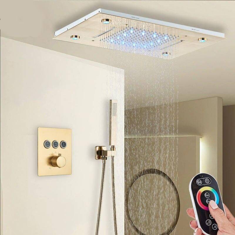 Luxury Gold Thermostatic LED Shower Set with Rainfall & Waterfall Ceiling Mount Bathroom Shower Systems & Faucets Color : Brushed Gold Luxury Gold Thermostatic LED Shower Set with Rainfall & Waterfall Ceiling Mount Bathroom Shower Systems & Faucets Color : Brushed Gold