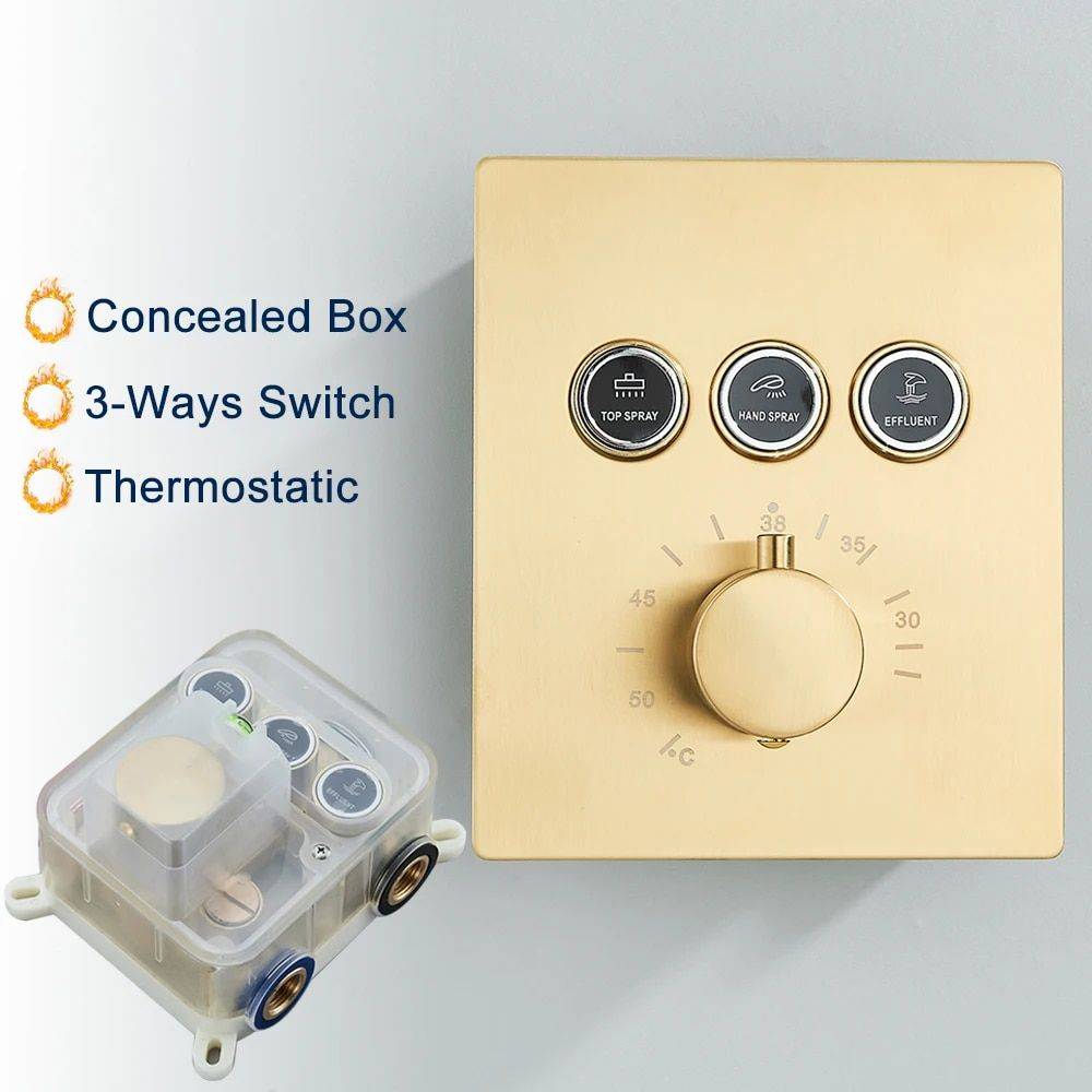 Luxury Gold Thermostatic LED Shower Set with Rainfall & Waterfall Ceiling Mount Bathroom Shower Systems & Faucets Color : Brushed Gold Luxury Gold Thermostatic LED Shower Set with Rainfall & Waterfall Ceiling Mount Bathroom Shower Systems & Faucets Color : Brushed Gold