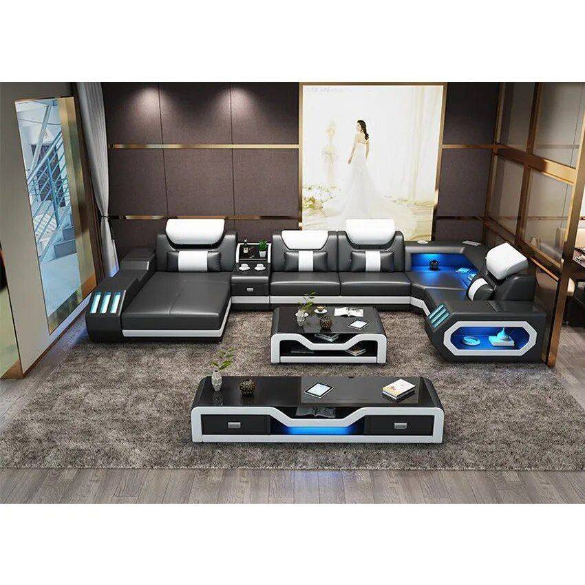 Luxury Italian Leather U-Shaped Sofa with Bluetooth Speaker, USB, LED Light + Matching Coffee Table and TV Stand Furniture Sofas & Chairs Color : Black/Warm White|Black/Orange|Brown/Warm White|Black/White Luxury Italian Leather U-Shaped Sofa with Bluetooth Speaker, USB, LED Light + Matching Coffee Table and TV Stand Furniture Sofas & Chairs Color : Black/Warm White|Black/Orange|Brown/Warm White|Black/White