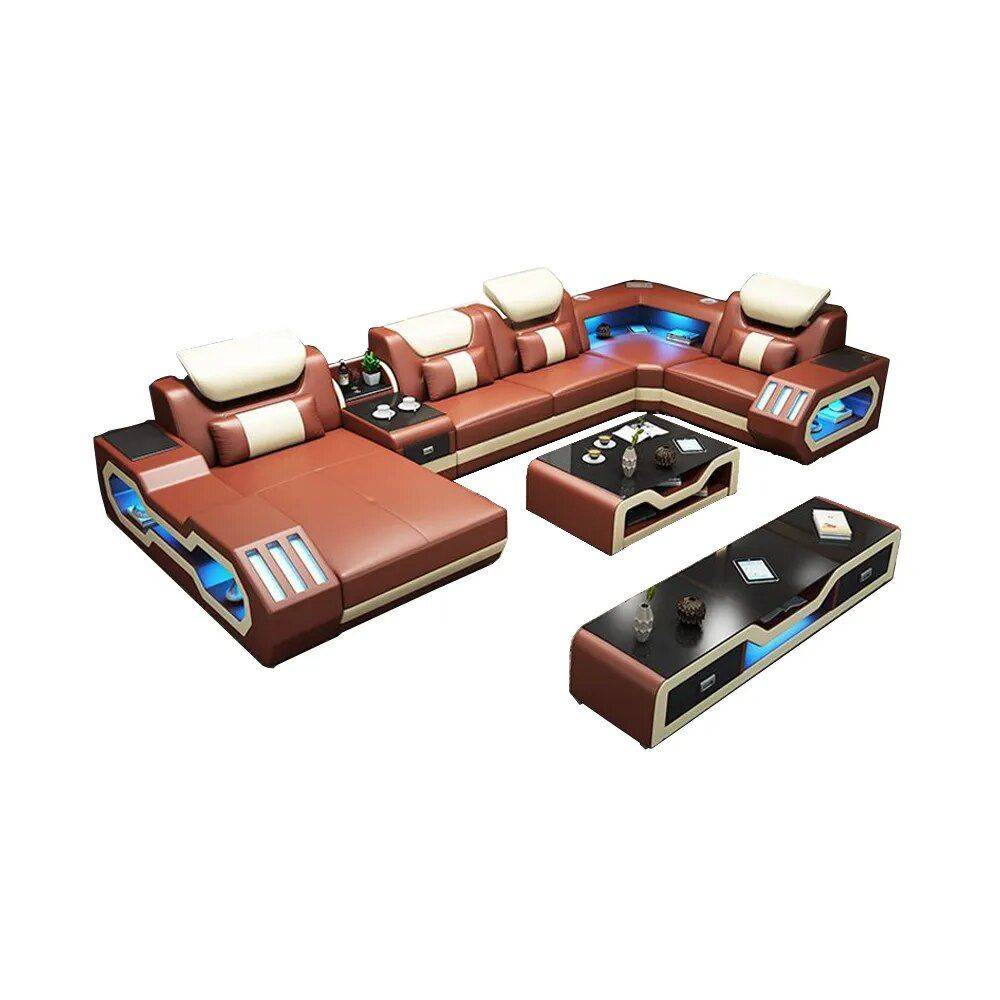 Luxury Italian Leather U-Shaped Sofa with Bluetooth Speaker, USB, LED Light + Matching Coffee Table and TV Stand Furniture Sofas & Chairs Color : Black/Warm White|Black/Orange|Brown/Warm White|Black/White Luxury Italian Leather U-Shaped Sofa with Bluetooth Speaker, USB, LED Light + Matching Coffee Table and TV Stand Furniture Sofas & Chairs Color : Black/Warm White|Black/Orange|Brown/Warm White|Black/White