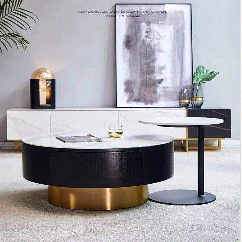 Luxury Italian Marble Sintered Stone Round Coffee Table Furniture Side Tables & Coffee Tables Color : Black|White-silver|White-gold Luxury Italian Marble Sintered Stone Round Coffee Table Furniture Side Tables & Coffee Tables Color : Black|White-silver|White-gold