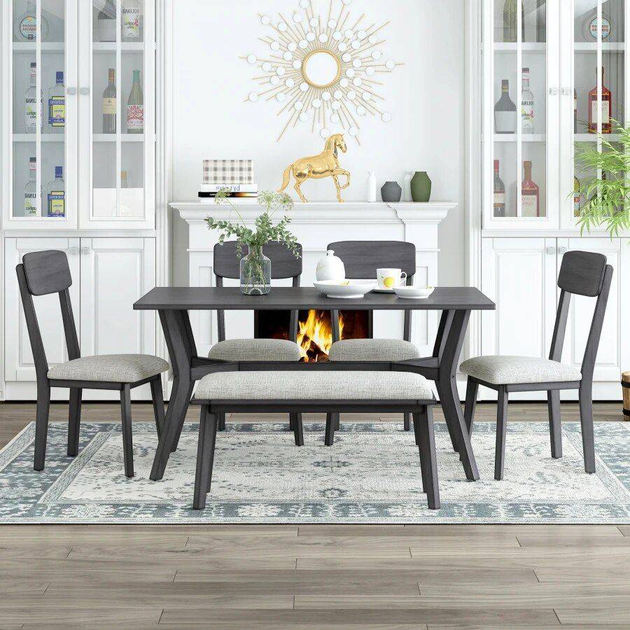 Mid-Century Modern 6-Piece Dining Set with Table, Chairs & Bench Dining Tables Mid-Century Modern 6-Piece Dining Set with Table, Chairs & Bench Dining Tables