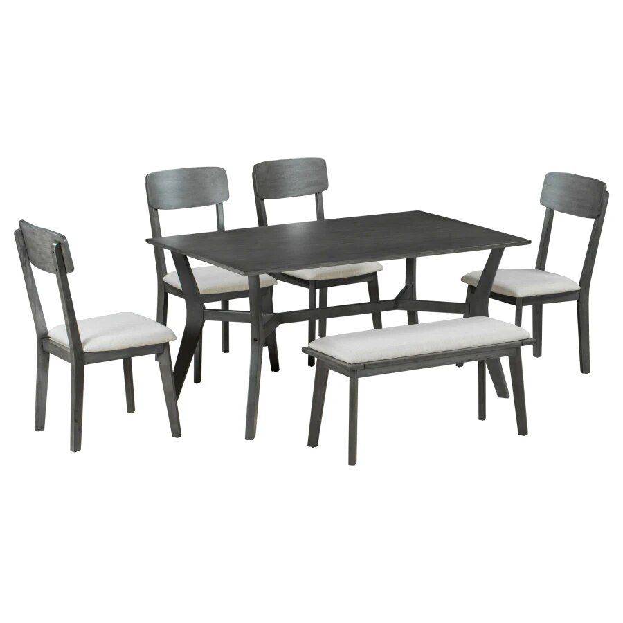 Mid-Century Modern 6-Piece Dining Set with Table, Chairs & Bench Dining Tables Mid-Century Modern 6-Piece Dining Set with Table, Chairs & Bench Dining Tables