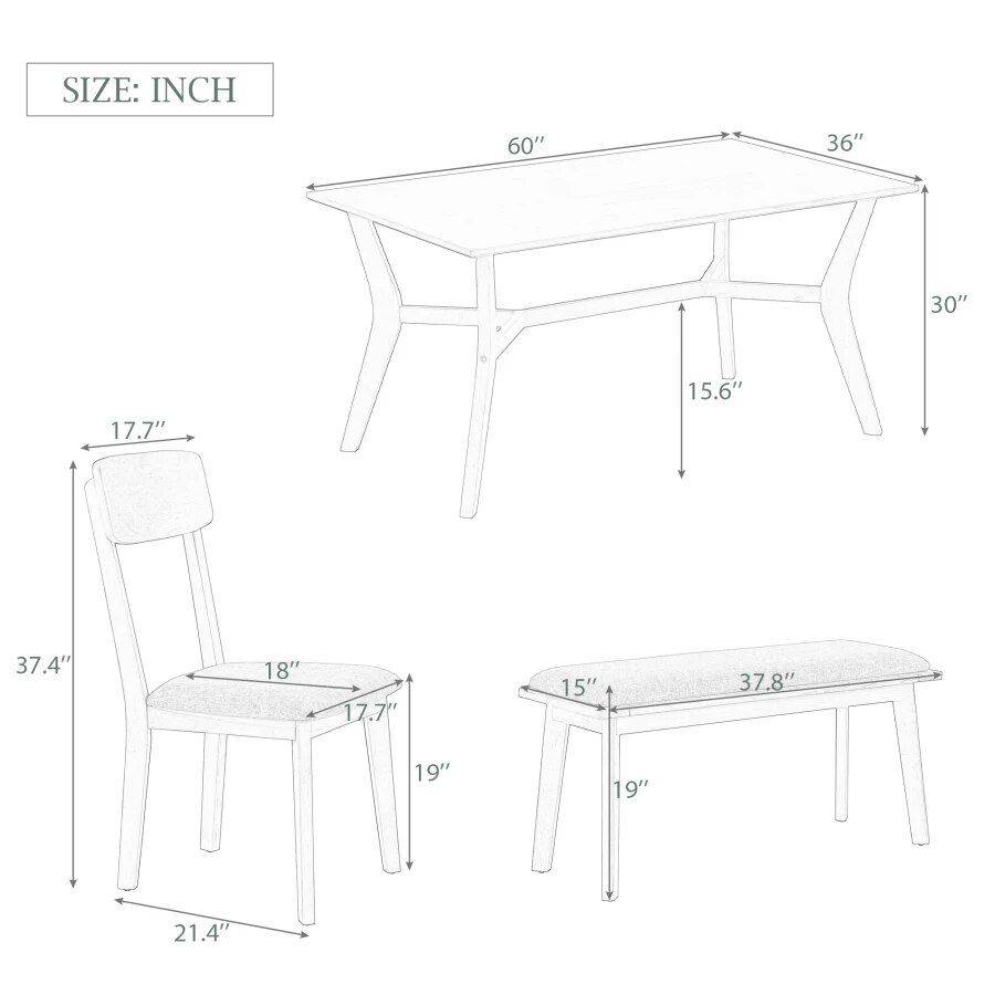 Mid-Century Modern 6-Piece Dining Set with Table, Chairs & Bench Dining Tables Mid-Century Modern 6-Piece Dining Set with Table, Chairs & Bench Dining Tables