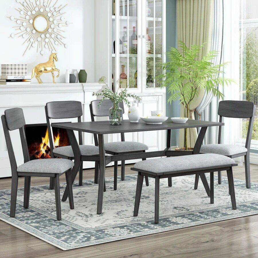 Mid-Century Modern 6-Piece Dining Set with Table, Chairs & Bench Dining Tables Mid-Century Modern 6-Piece Dining Set with Table, Chairs & Bench Dining Tables