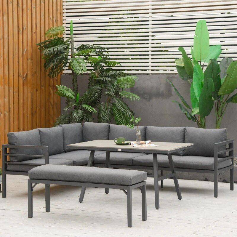 Modern 4-Piece Aluminum Patio Dining Set with Bench and Cushions Dining Tables Furniture Color : Gray 