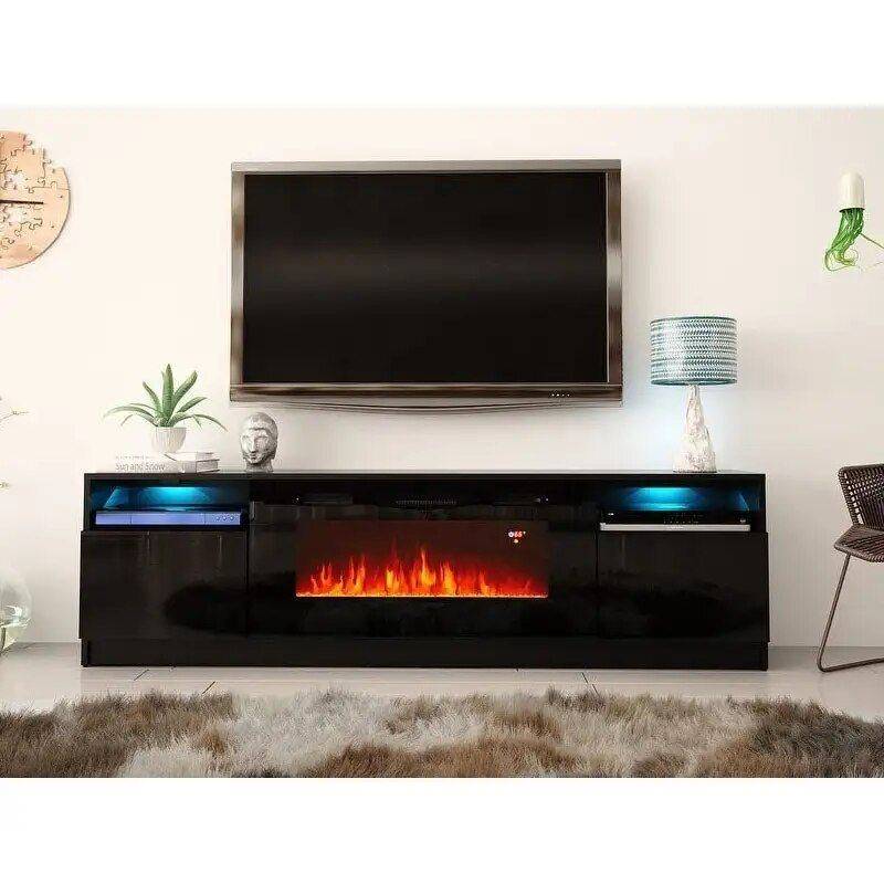 Modern Multi-Functional TV Stand with LED Fireplace Furniture Stands & Console Tables Color: Black 