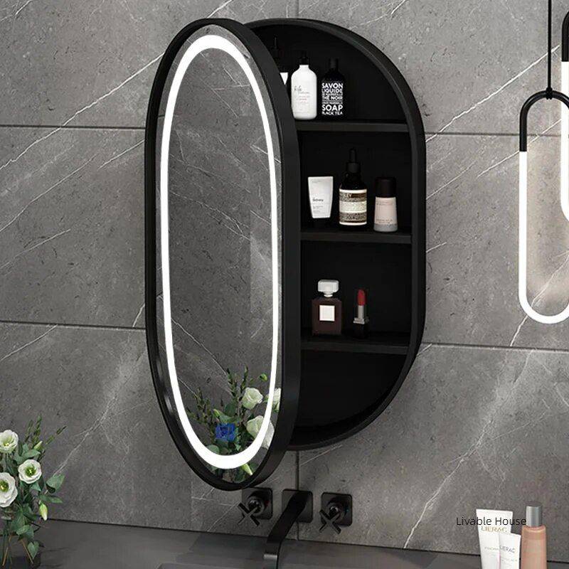 Modern Oval LED Illuminated Wooden Mirror Cabinet – Smart Bathroom Storage Solution Bathroom Mirrors Color : Brown (50cm)|Black (80cm)|Black (50cm)|Gold (50cm)|Gold (80cm) Modern Oval LED Illuminated Wooden Mirror Cabinet - Smart Bathroom Storage Solution Bathroom Mirrors Color : Brown (50cm)|Black (80cm)|Black (50cm)|Gold (50cm)|Gold (80cm)