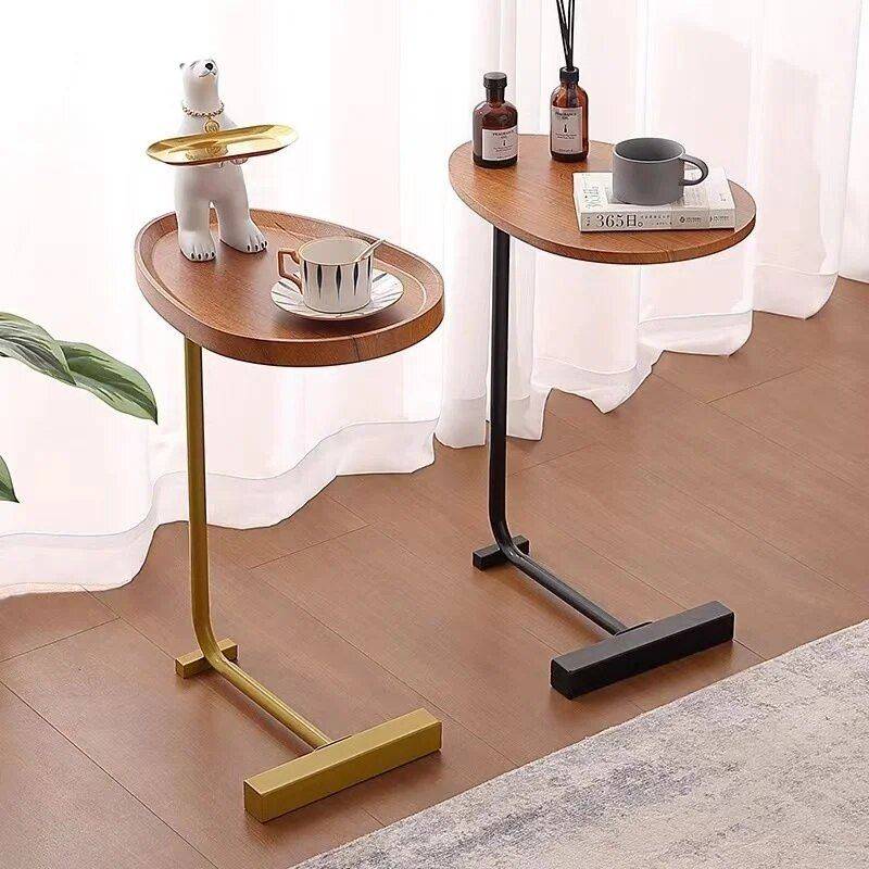 Modern Oval Side Table - Solid Wood Top Iron Frame Accent Furniture Furniture Side Tables & Coffee Tables Color : Golden - Walnut|Black - Walnut|Gold - Black Stone|Black - Black|Gold - White|Black - White|Golden - Walnut (with ledge)|Black - Walnut (with ledge)|Gold - Black Stone (with ledge)|Black - Black (with ledge)|Gold - White (with ledge)|Black - White (with ledge) 