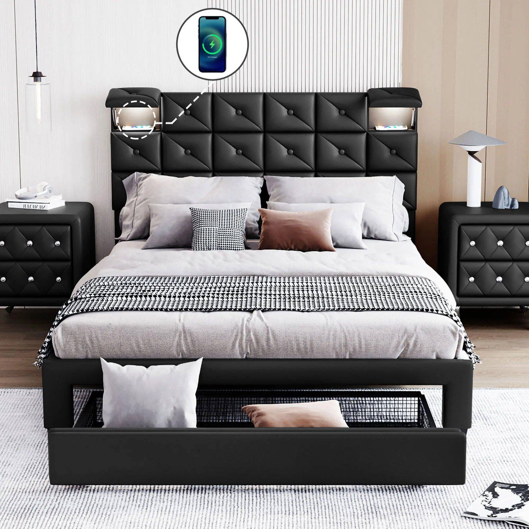 Modern Queen-Sized Upholstered PU Platform Bed with Wireless Charging and Storage Beds Furniture Color : Black|White|Gray|Beige Modern Queen-Sized Upholstered PU Platform Bed with Wireless Charging and Storage Beds Furniture Color : Black|White|Gray|Beige