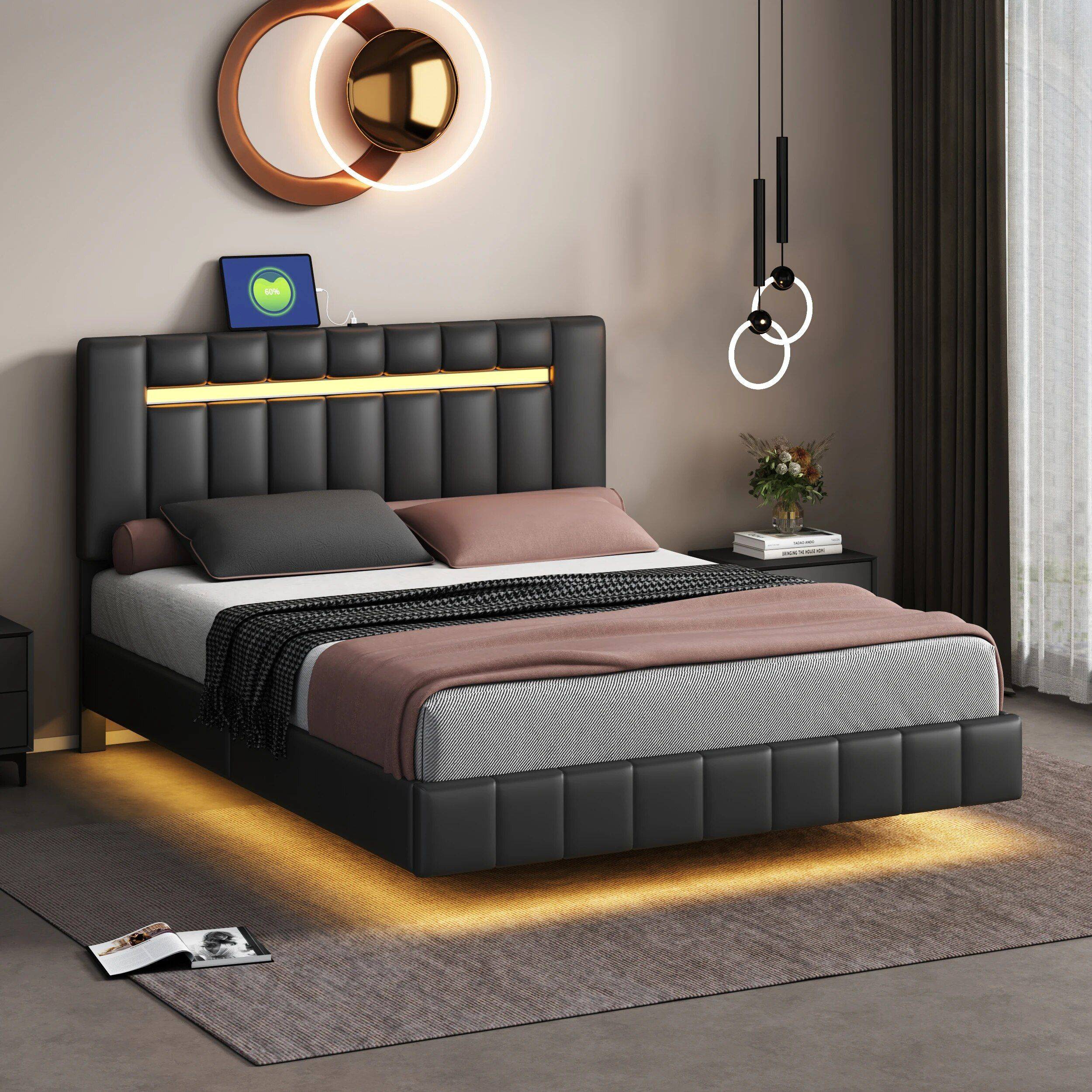 Queen Size LED Upholstered Platform Bed Frame with USB Charging Beds Furniture Color : Black|White 