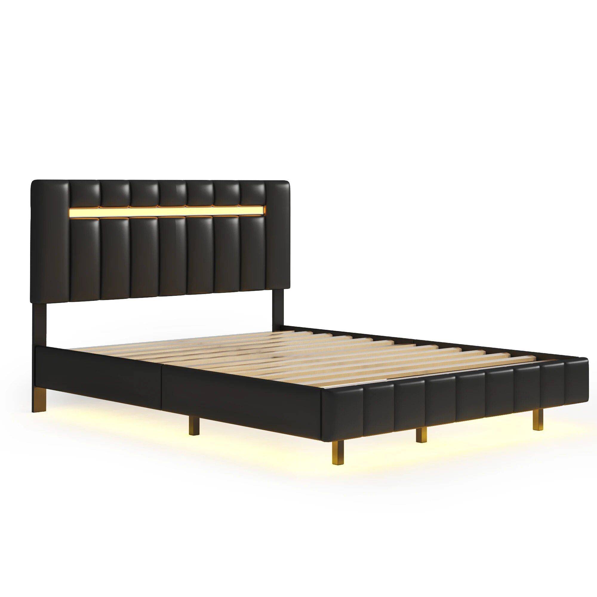 Queen Size LED Upholstered Platform Bed Frame with USB Charging Beds Furniture Color : Black|White 