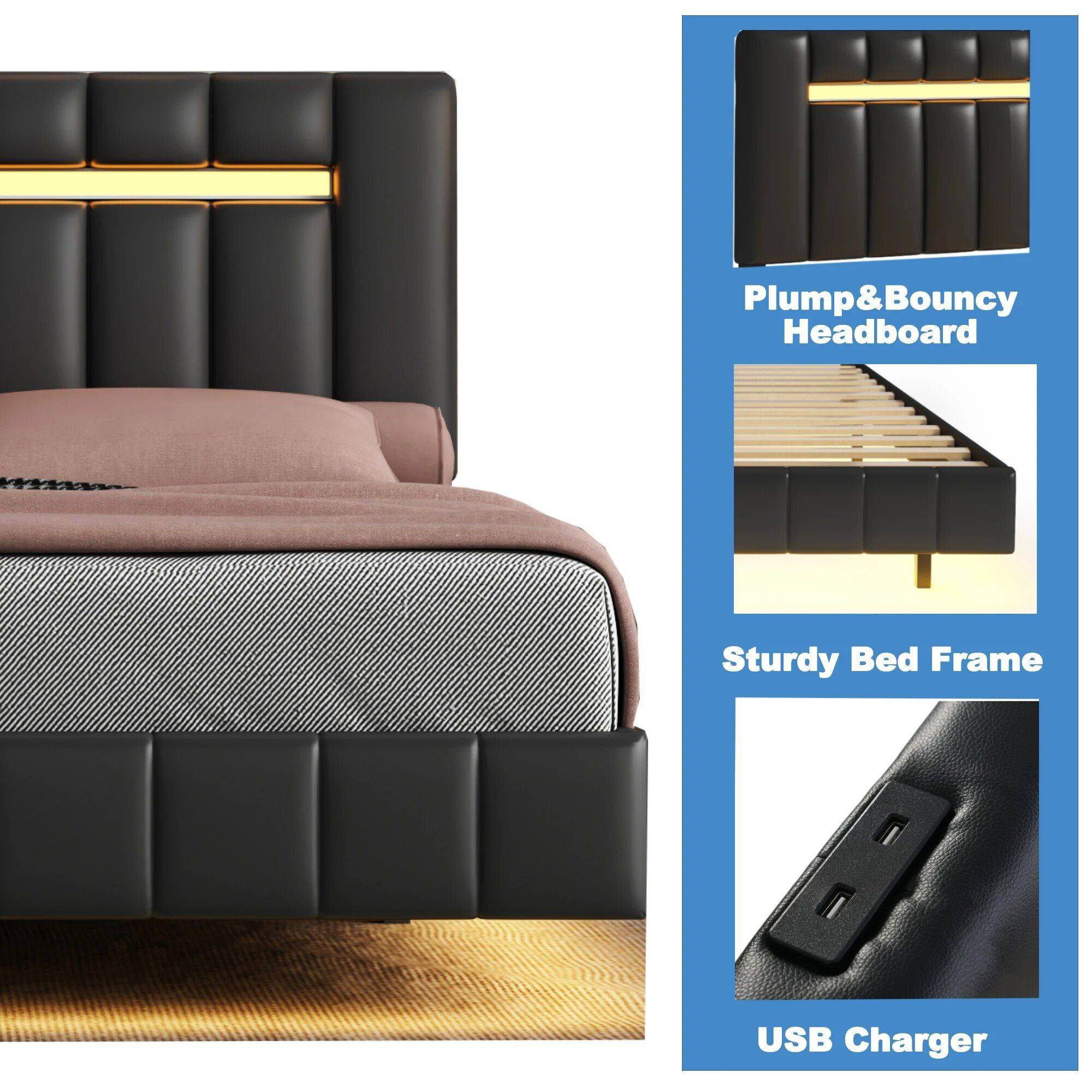 Queen Size LED Upholstered Platform Bed Frame with USB Charging Beds Furniture Color : Black|White Queen Size LED Upholstered Platform Bed Frame with USB Charging Beds Furniture Color : Black|White