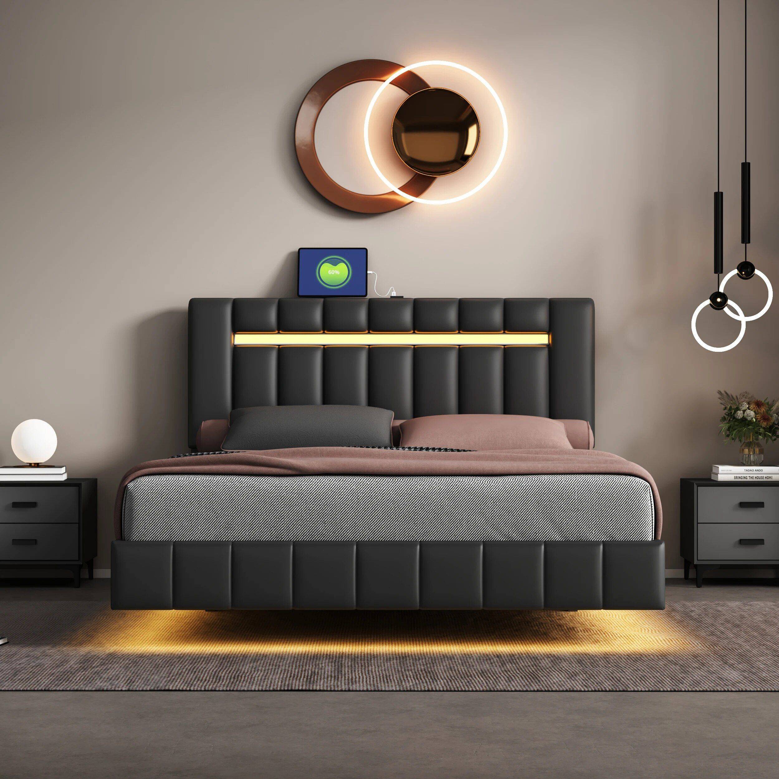 Queen Size LED Upholstered Platform Bed Frame with USB Charging Beds Furniture Color : Black|White 