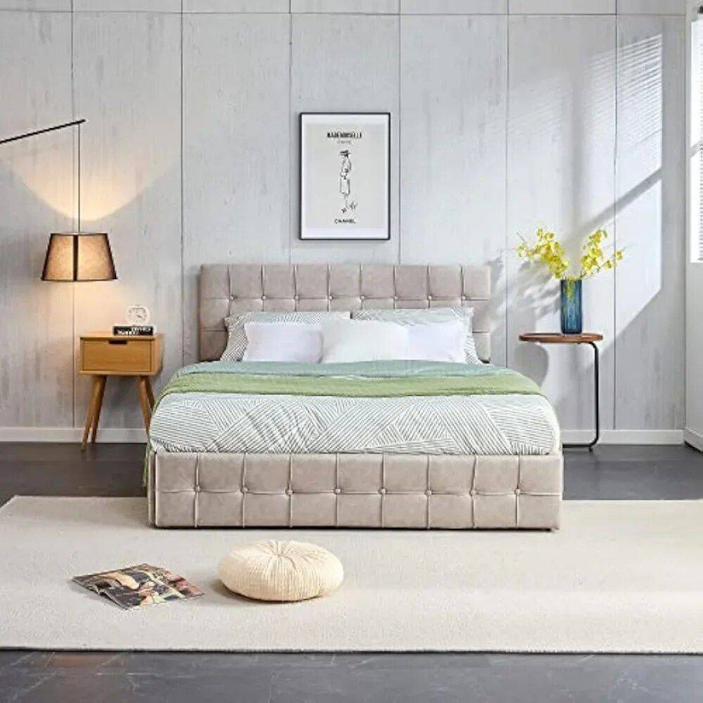 Queen Size Upholstered Bed Frame with Storage – Square Stitched Button Tufted Headboard, Adjustable Mattress Height Beds Furniture Queen Size Upholstered Bed Frame with Storage - Square Stitched Button Tufted Headboard, Adjustable Mattress Height Beds Furniture