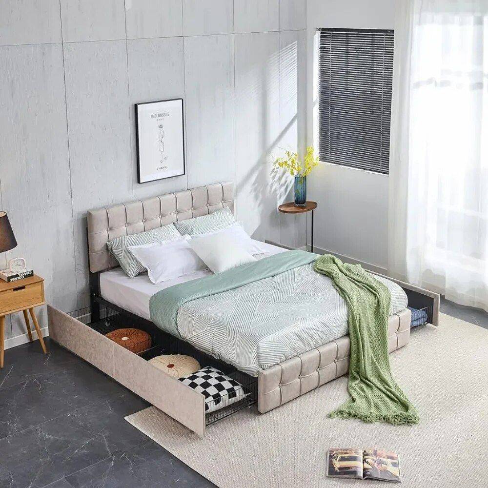 Queen Size Upholstered Bed Frame with Storage – Square Stitched Button Tufted Headboard, Adjustable Mattress Height Beds Furniture Queen Size Upholstered Bed Frame with Storage - Square Stitched Button Tufted Headboard, Adjustable Mattress Height Beds Furniture