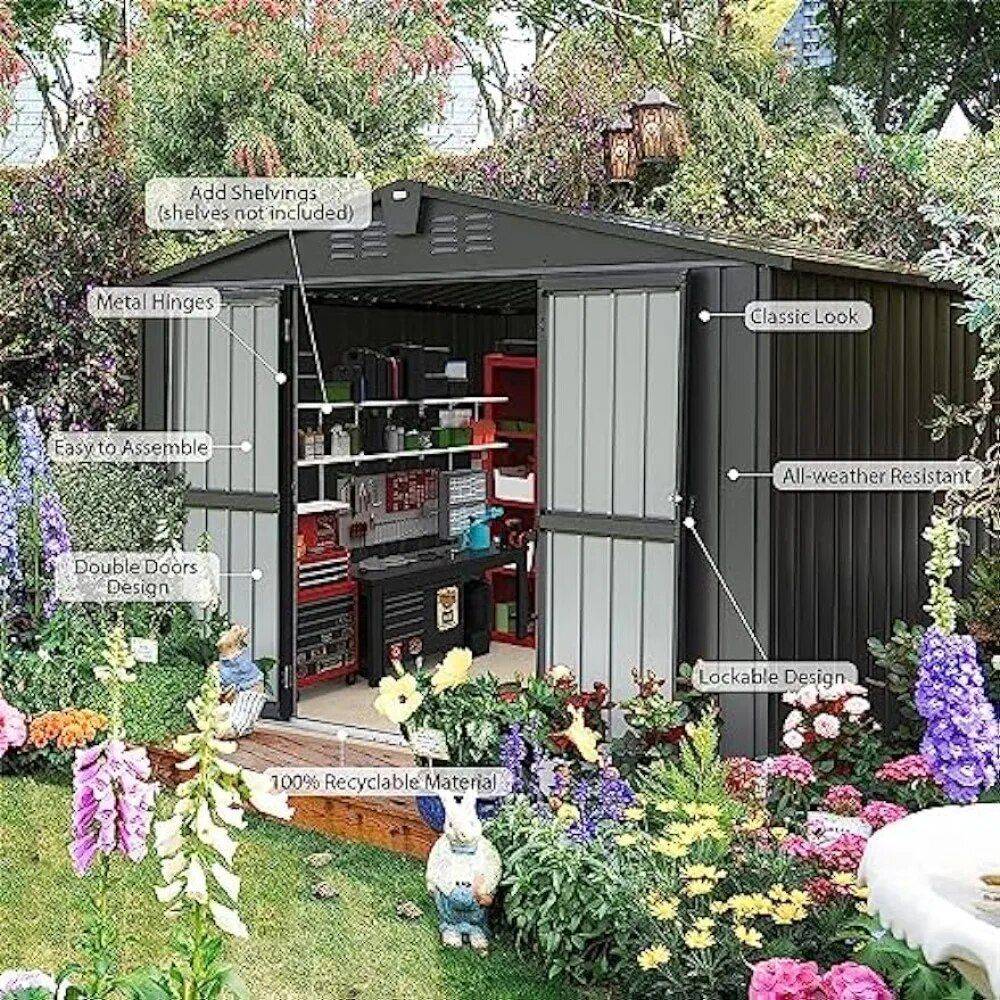 Spacious 10ftx8ft Galvanized Steel Garden Shed with Lockable Door Patio, Lawn & Garden Storage Sheds Spacious 10ftx8ft Galvanized Steel Garden Shed with Lockable Door Patio, Lawn & Garden Storage Sheds