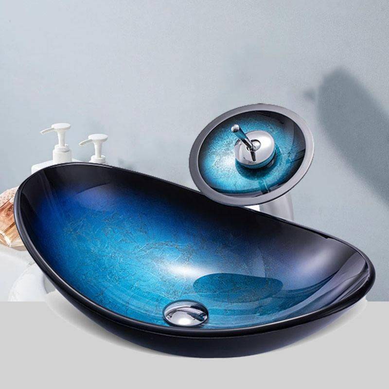 Tempered Glass Waterfall Faucet Oval Basin with Drain Pipe Bathroom Sinks Set : 1|2 Tempered Glass Waterfall Faucet Oval Basin with Drain Pipe Bathroom Sinks Set : 1|2