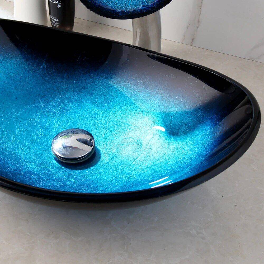Tempered Glass Waterfall Faucet Oval Basin with Drain Pipe Bathroom Sinks Set : 1|2 Tempered Glass Waterfall Faucet Oval Basin with Drain Pipe Bathroom Sinks Set : 1|2