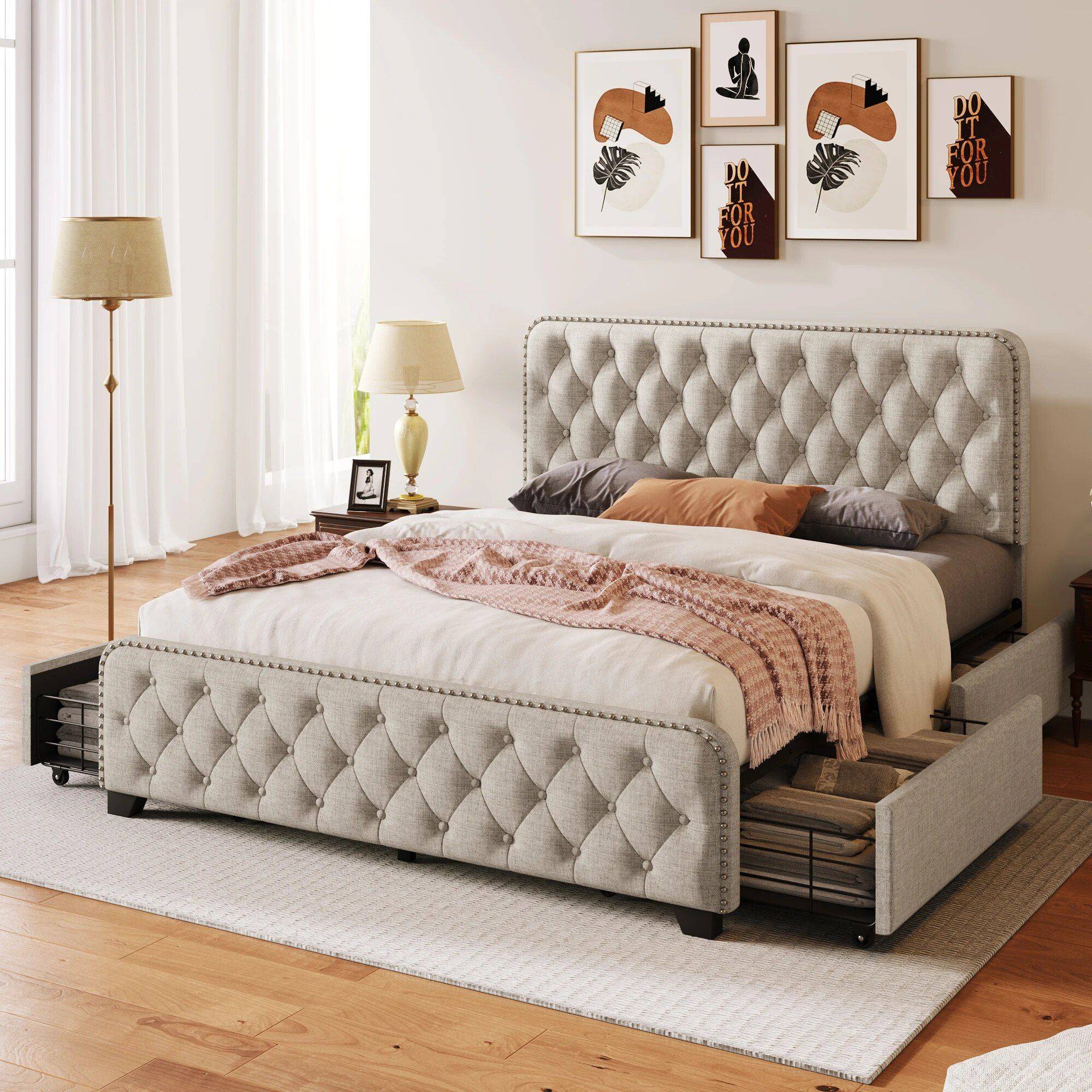 Upholstered Platform Bed with Storage Drawers Beds Furniture Color : Blue|Beige 
